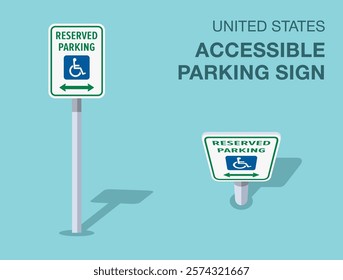 Traffic regulation rules. Isolated United States "accessible, reserved parking" road sign. Front and top view. Flat vector illustration template.