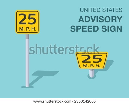 Traffic regulation rules. Isolated United States advisory speed sign. Front and top view. Flat vector illustration template.