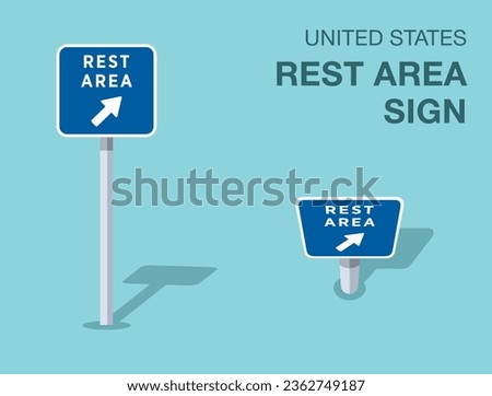 Traffic regulation rules. Isolated United States rest area sign. Front and top view. Flat vector illustration template.