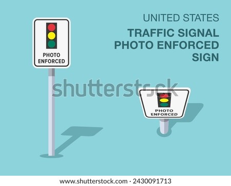 Traffic regulation rules. Isolated United States traffic signal photo enforced sign. Front and top view. Flat vector illustration template.
