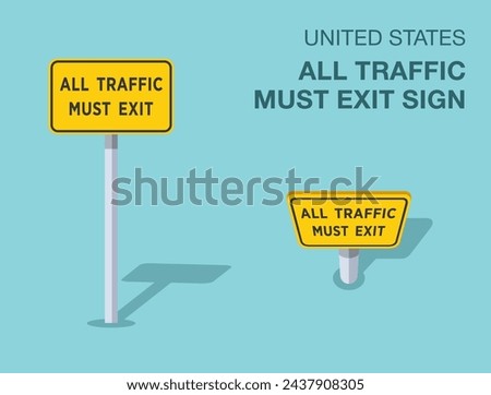 Traffic regulation rules. Isolated United States all traffic must exit road sign. Front and top view. Flat vector illustration template.