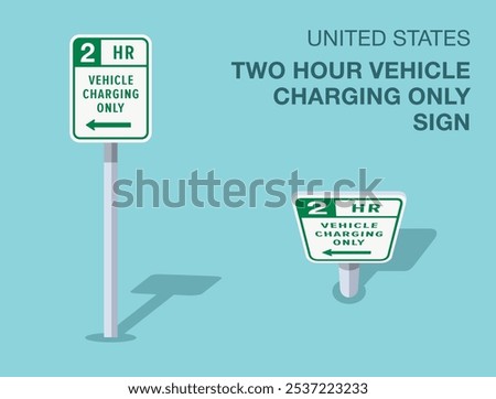 Traffic regulation rules. Isolated United States "two hour vehicle charging only" road sign. Front and top view. Flat vector illustration template.