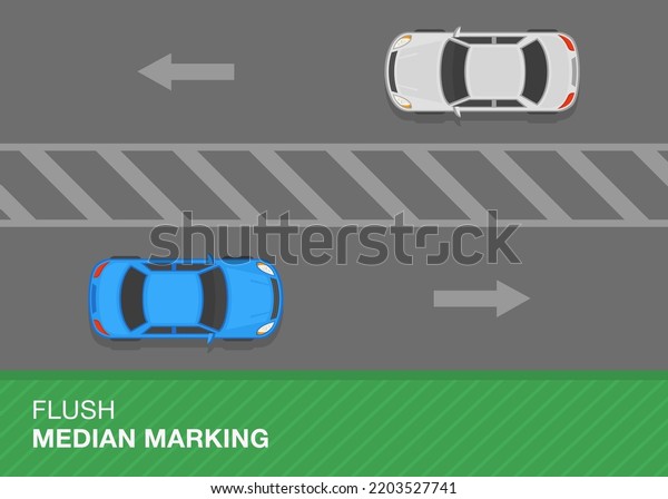Traffic\
regulation rules and road marking meaning. Top view of a traffic\
flow on highway. Painted island or flush median road marking\
meaning. Flat vector illustration\
template.
