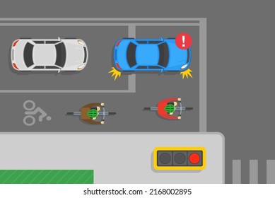 Traffic regulation rules. Safe bicycle riding tips. Blue sedan car is stops on bike box to turn right. Do not occupy bike box and lane. Flat vector illustration template.