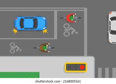 Traffic regulation rules. Safe bicycle riding tips. Blue sedan car stops before bike box and stop line to turn right on crossroad. Top view of cyclists on a bicycles. Flat vector illustration.