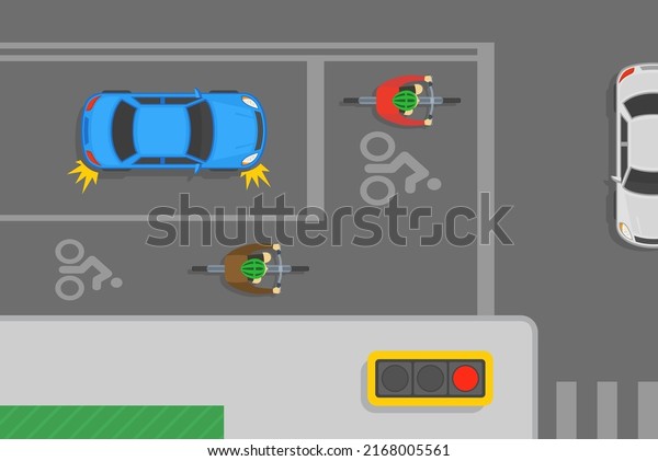 Traffic regulation rules. Safe bicycle\
riding tips. Blue sedan car stops before bike box and stop line to\
turn right on crossroad. Top view of cyclists on a bicycles. Flat\
vector illustration.