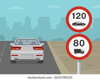 Regras e dicas de regulamentação de tráfego. Emirados Árabes Unidos "limite de velocidade de veículos leves e pesados" área de sinalização rodoviária. Vista traseira de um carro sedan branco na autoestrada. Modelo de ilustração de vetor plano.