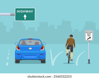 Traffic regulation rules and tips. Bicycles must exit sign. Cyclist turns right, car travels straight on highway. Back view. Flat vector illustration template.