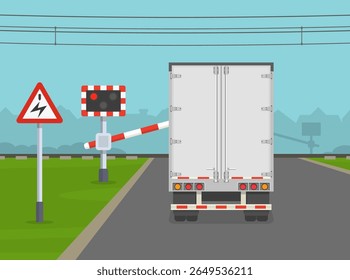 Traffic regulation rules and tips. British "overhead cables" road sign area. Back view of a goods vehicle approaching the level crossing with barrier. Flat vector illustration template.
