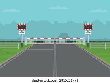 Traffic regulation rules and tips. British level crossing with barrier and turned red warning light. Closed gates view. Empty road. Flat vector illustration template.