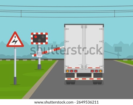 Traffic regulation rules and tips. British "overhead cables" road sign area. Back view of a goods vehicle approaching the level crossing with barrier. Flat vector illustration template.