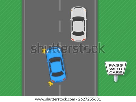 Traffic regulation rules and tips. "Pass with care" sign area. Passing is allowed. Top view of a sedan car trying to overtake another vehicle. Flat vector illustration template.