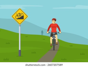 Traffic regulation rules and tips. Riding a bicycle on a grades and hills. Mountain biking. Front view of a cyclist looking at traffic sign. Flat vector illustration template.