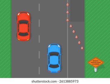 Traffic regulation rules and tips. Right shoulder closed area. Top view of a traffic flow on highway. Flat vector illustration template.
