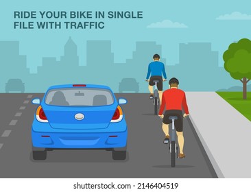 Traffic regulation rules and tips. Safe bicycle riding. Cyclists riding bike in a single file on the city road. Flat vector illustration template.