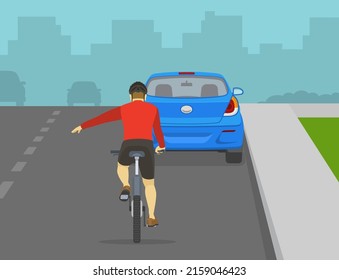 Traffic regulation rules and tips. Safe bicycle riding. Back view of a cyclist showing turning gesture while cycling. Bicycle rider passing the parked car. Flat vector illustration.