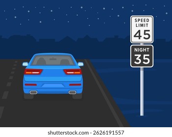Regras e dicas de regulamentação de tráfego. Condução segura à noite. Estados Unidos "limite de velocidade diurna e noturna" área de sinalização rodoviária. Vista traseira de um carro na estrada. Modelo de ilustração de vetor plano.