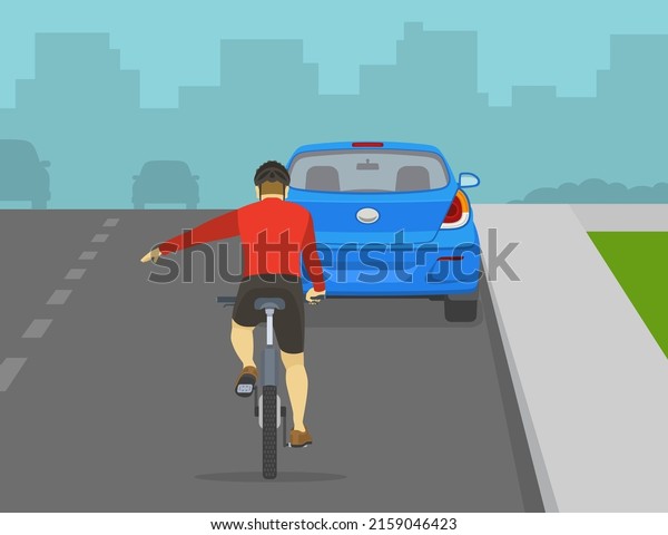 Traffic\
regulation rules and tips. Safe bicycle riding. Back view of a\
cyclist showing turning gesture while cycling. Bicycle rider\
passing the parked car. Flat vector\
illustration.