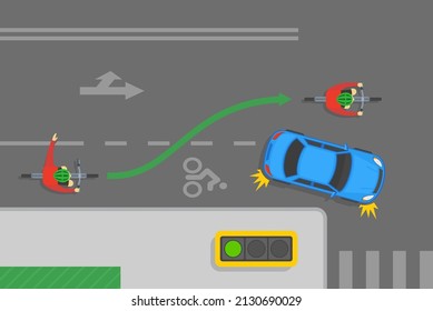 Traffic regulation rules and tips. Safety bicycle driving. Cyclist passing turning car. If line is dashed motor vehicles may merge into the bicycle lane to make a right turn. Flat vector illustration.
