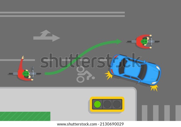 Traffic regulation rules and tips. Safety\
bicycle driving. Cyclist passing turning car. If line is dashed\
motor vehicles may merge into the bicycle lane to make a right\
turn. Flat vector\
illustration.