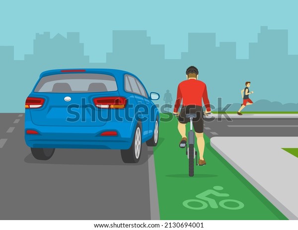Traffic\
regulation rules and tips. Safety bicycle driving. Blue suv car is\
turning right in front of cyclist on bike lane. Avoid the right\
hook. Flat vector illustration\
template.
