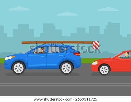 Traffic regulation rules and tips. Side view of the car carrying timber on roof. Traffic flow on city road. Flat vector illustration template.