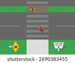Traffic regulation rules and tips. Top view of pedestrians crossing the road on two stage crosswalk. Pedestrian crossing with central island. Flat vector illustration template.