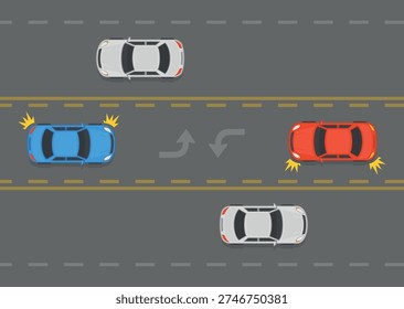 Traffic regulation rules and tips. Two way left turn lane. Top view of cars using center lane to make a left turn. Flat vector illustration template.