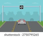 Traffic regulation rules and tips. Two-way left turn lane. Back view of a white car using center lane to make a left turn. Flat vector illustration template.