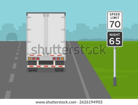Traffic regulation rules and tips. United States "daytime and nighttime speed limit" road sign area. Back view of a truck on motorway. Flat vector illustration template.
