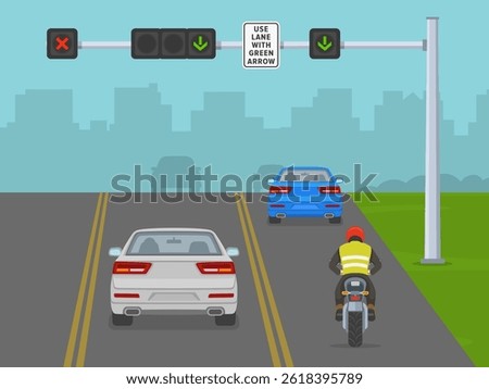 Traffic regulation rules and tips. "Use lane with green arrow" sign area. Back view of a moto rider and cars on a street with lane control traffic signals. Flat vector illustration template.