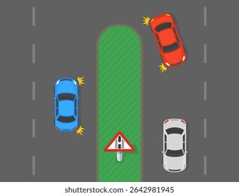 Traffic regulation rules. Top view of a traffic flow making a u-turn. "Gap in median" road sign on left side drive motorway. Flat vector illustration template.