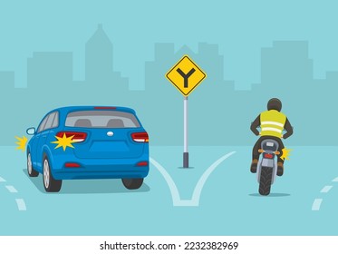 Traffic regulation rules. Y-junction lane direction sign. Back view of a traffic flow on highway. Blue suv and motorcycle on road. Flat vector illustration template.