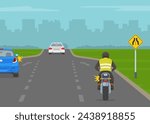 Traffic regulation tips and rules. American single-transition traffic sign. Back view of a car and motorcycle rider merging on highway. Flat vector illustration template.