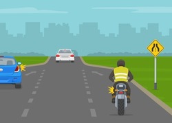 Traffic regulation tips and rules. American single-transition traffic sign. Back view of a car and motorcycle rider merging on highway. Flat vector illustration template.