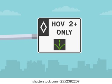 Traffic regulation tips and rules. Close-up view of a "HOV lane open" road sign. Flat vector illustration template.