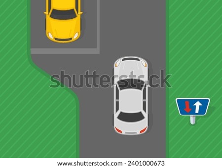 Traffic regulation tips and rules. European priority over oncoming traffic sign. Top view of a car on major lane. Flat vector illustration template.