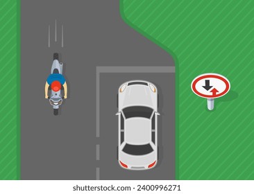 Traffic regulation tips and rules. Give way to oncoming traffic sign. Top view of a car giving way to motorcycle. Flat vector illustration template.