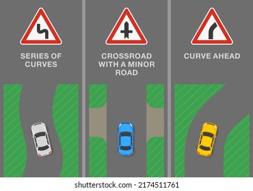 Traffic regulation tips and rules. Signs and road markings meaning. "Series of curves, crossing with a minor road and bend ahead" traffic sign. Road types. Flat vector illustration template.
