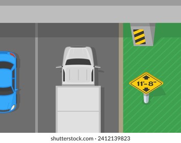 Traffic regulation tips and rules. Top view a semi trailer going under the bridge with low clearance sign. Flat vector illustration template. 