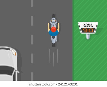 Consejos y normas de regulación del tráfico. Vista superior de un motociclista moviéndose sobre el límite de velocidad en la carretera. Área de señal de la pantalla de velocidad. Plantilla de ilustración vectorial plana. 