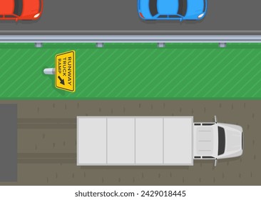 Traffic regulation tips and rules. Top view of a truck made emergency stop on runway ramp. American expressway traffic flow. Flat vector illustration template.