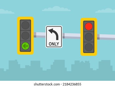 Traffic regulations. Close-up view of a traffic signal and left lane "turn left only" sign. Flat vector illustration template.