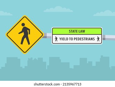Traffic regulations and tips. Close-up view of a pedestrian crossing and yield to pedestrians state road sign. Flat vector illustration template.