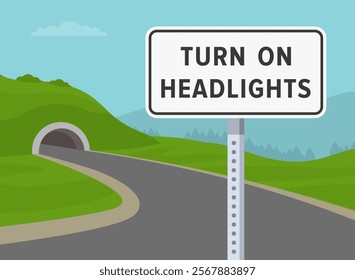 Traffic regulations tips and rules. Close-up of "turn on headlights" road sign installed before tunnel. Empty road in mountainous area. Flat vector illustration template.