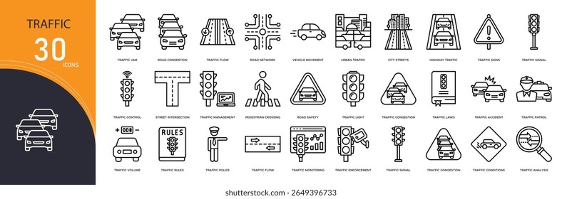 Traffic related icon collections. Containing signal, light, car, road, sign, congestion, lane, stop, speed, and vehicle icons. Outline icons.