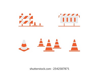 Traffic repair warning sign icon, construction. Road repairs with traffic barriers. Vector illustration.