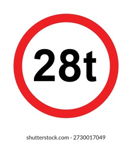 Traffic restriction sign indicating a maximum weight limit of twenty eight tons isolated on transparent background