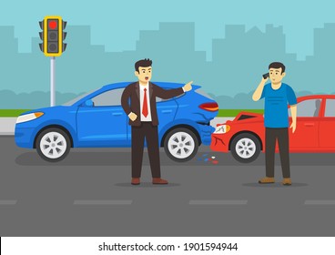 Traffic or road accident. Angry businessman or manager driver yelling at other young driver on the road. Male character scolds and pointing index finger at guy. Flat vector illustration template.