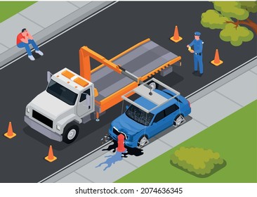 Traffic road accidents isometric composition with car evacuator lifting damaged vehicle crashed into stationary object vector illustration